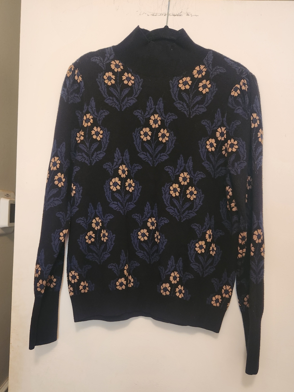 Ann Taylor Navy Turtleneck Sweater with Blue and Tan Floral Jacquard